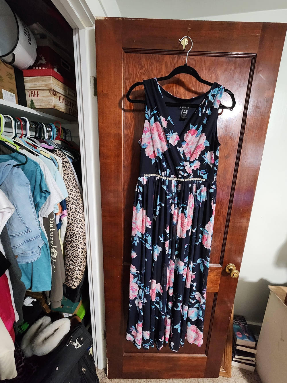 Enfocus Studio Size 8 Floral Navy Pink Rhinestone Waist Maxi Dress